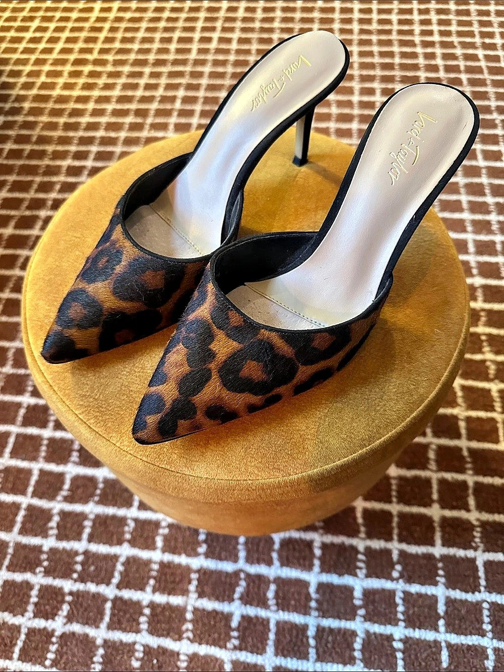 Lord & Taylor Suede and Pony Hair Leopard-Print Pointed-Toe Mules, Size 7